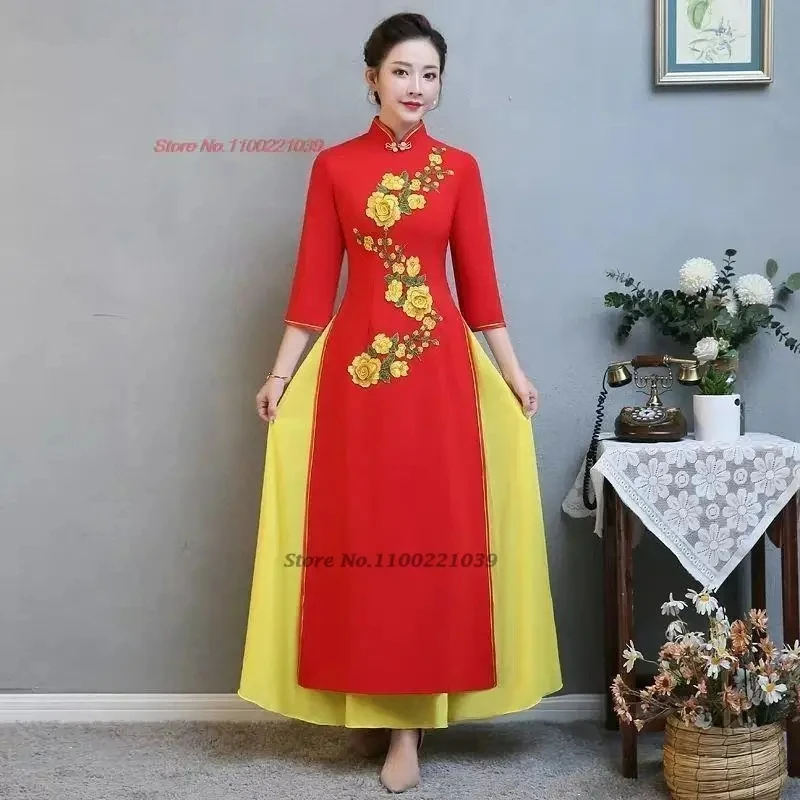 

2025 ao dai vietnam traditional aodai dress national flower embroidery qipao cheongsam chinese traditional dress party dress