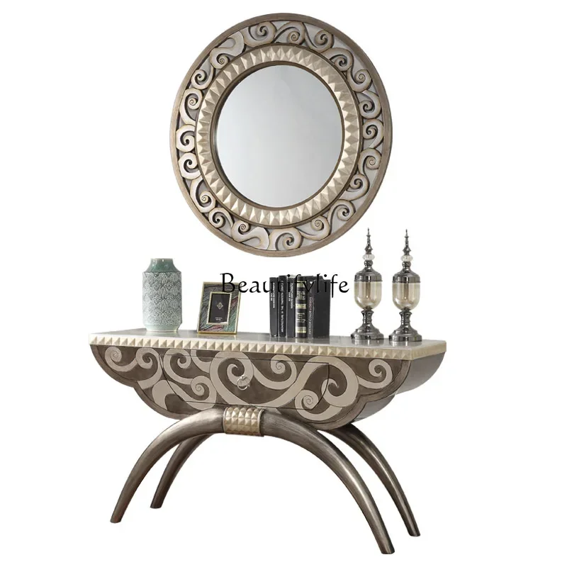 

Z.Affordable Luxury Style Living Room Villa Entrance Cabinet Shelf Corridor Table Silver Foil Side View a Long Narrow Table