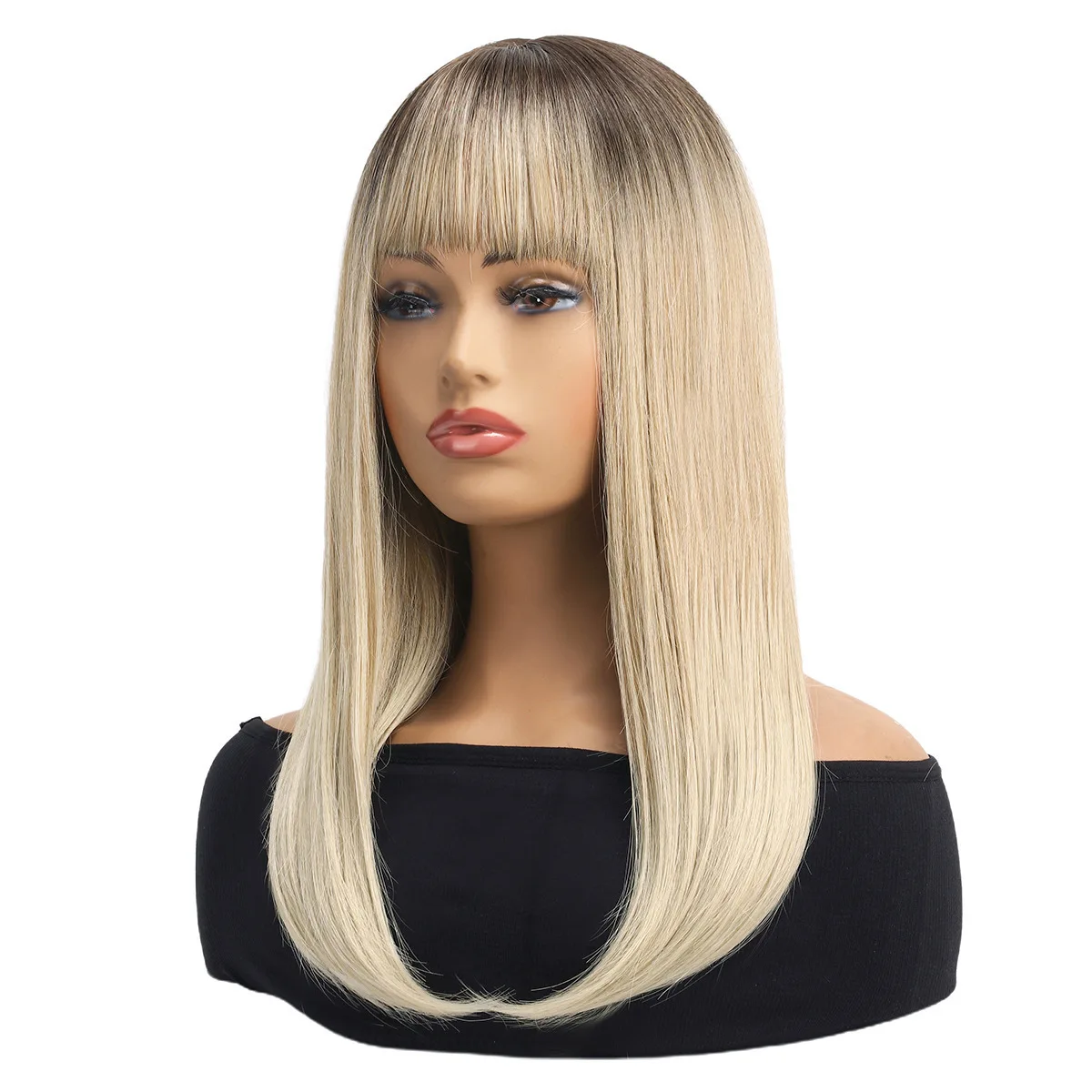 European and American women's long straight hair, light gold color with bangs, layered fashion wig, full head cover