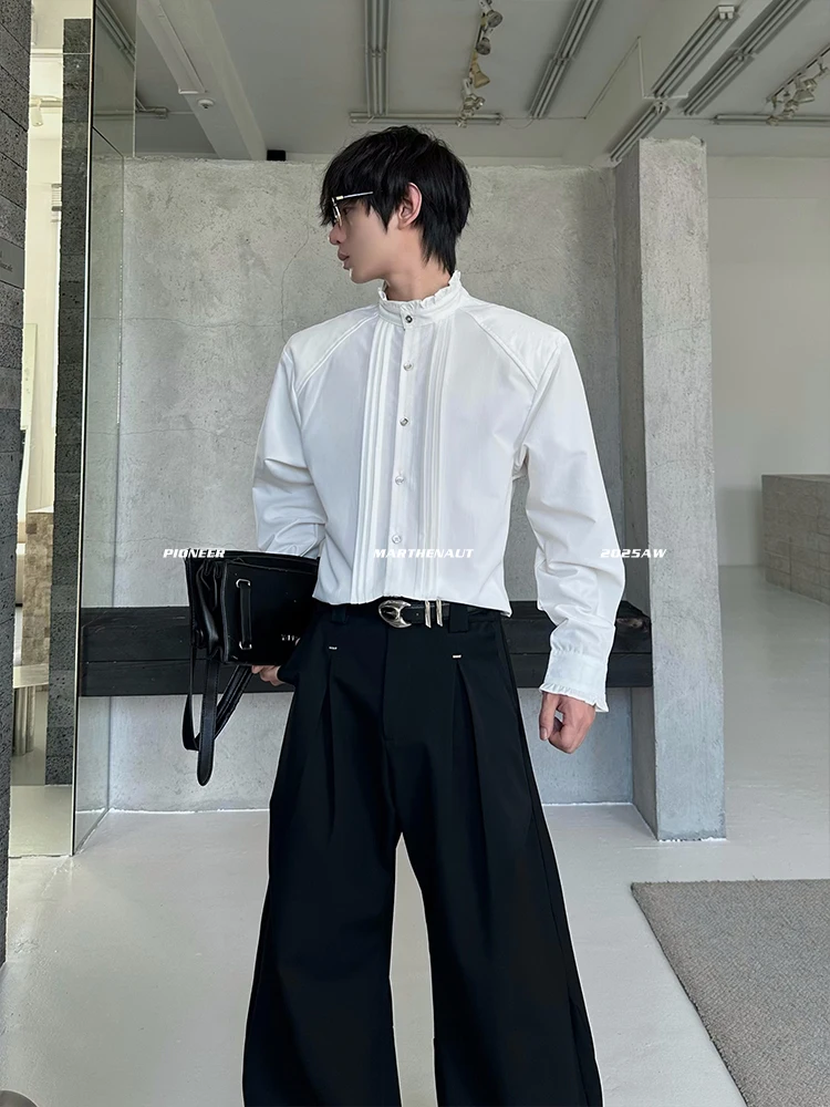 French Style High-End Court Style Lace Pleated Shirt Fashionable Loose Casual Long Sleeve Shirt for Men