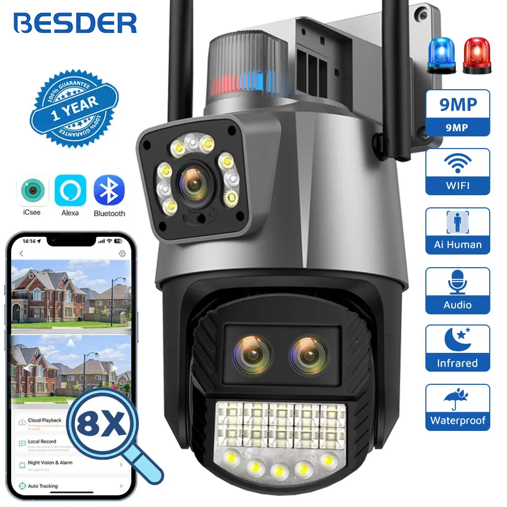 BESDER 9MP PTZ IP Camera Wifi 8X Digital Zoom Outdoor Dual Screens AI Auto Tracking Wireless CCTV Surveillance Camera iCSee App