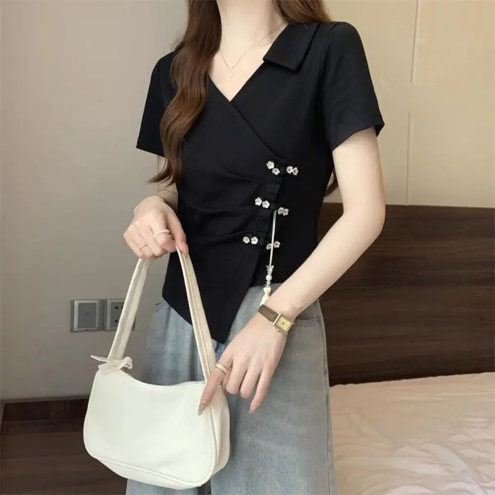 شرابة قلادة غير النظامية تي شيرت برقبة على شكل v زهرة زر التلبيب المرأة سليم المحاصيل القمم النمط الصيني الإناث الصيف القمم #4