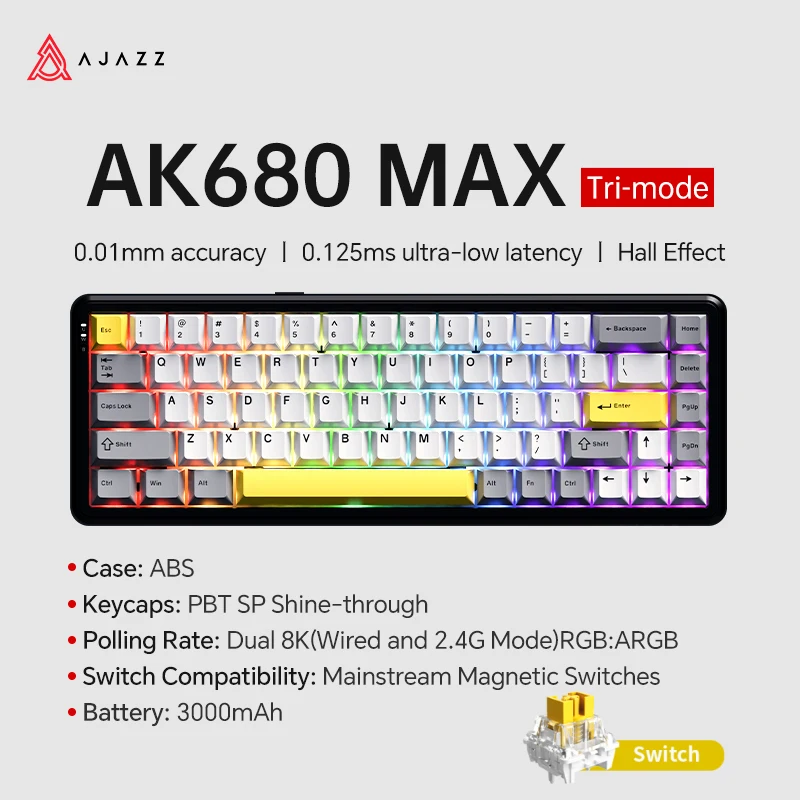 AJAZZ AK680 MAX Mechanische Tastatur HE Hall-Effekt-Schalter 60 % 8k/1K RGB Wired/Wireless Gaming Rapid Trigger Magnetische Tastatur 8