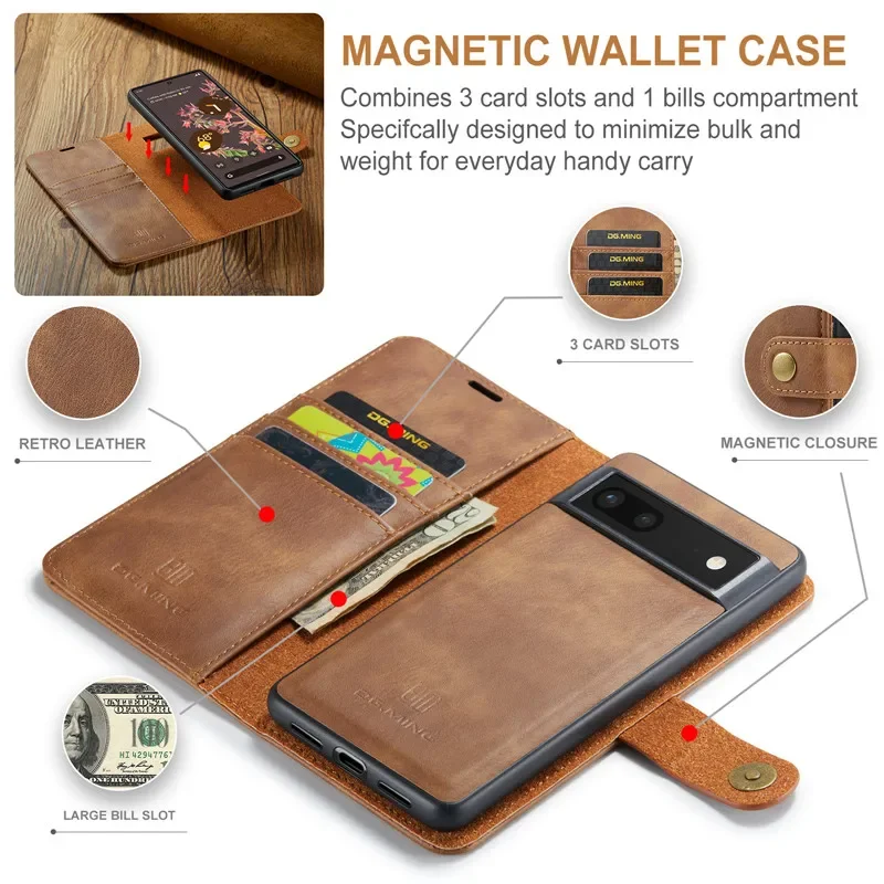 Pixel 9 Pro XL 5G 2In1 Detachable Magnetic Leather Flip Case For Google Pixel 8 Pro Luxury Cover Pixel 7 Pro 7A 8A Wallet Funda