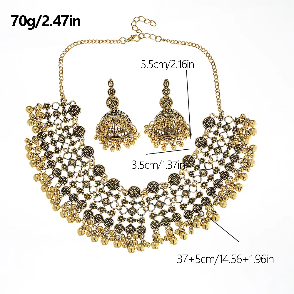 Bohemen 2023 Retro Bell Hanger Gouden Ketting Oorbellen Sieraden Set Luxe Kleurrijke Strass Inleg Bruiloft Sieraden Sets