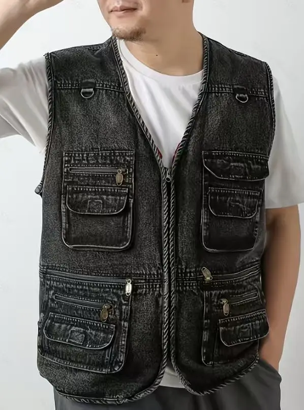 Herren-Jeansweste, Gewaschene Schneeflocken-Jeansweste, Geeignet für Freizeitaktivitäten, Angeln und Sport, mit Mehreren Taschen – Detail 3