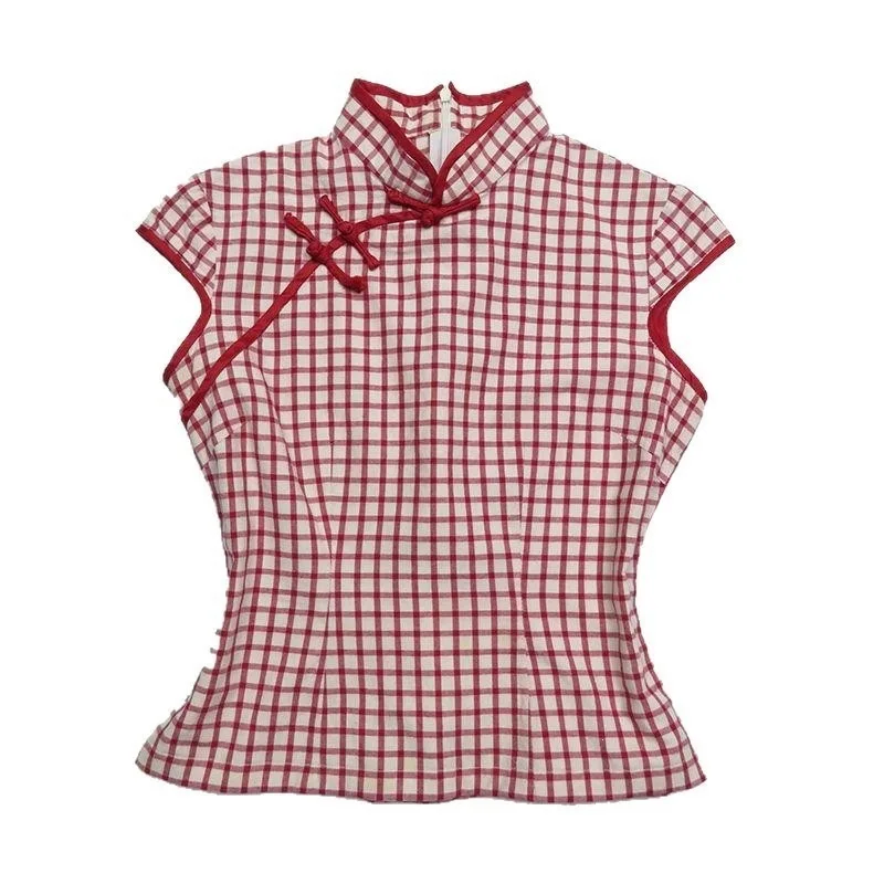 Gingham Check Frog Button Stand Collar Sleeveless Crop Top Chinese Style Slim Retro Blouse
