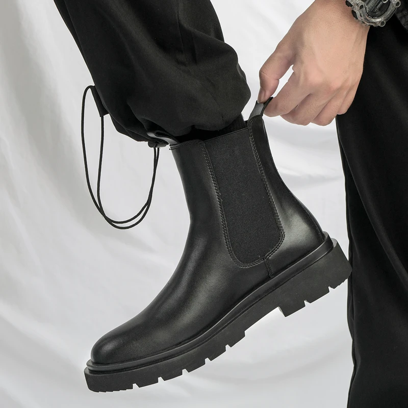 

Genuine Leather Chelsea Boots Men's High Top Versatile Trendy Spring Workwear Boots Korean Style Flat Lined Rubber Sole
