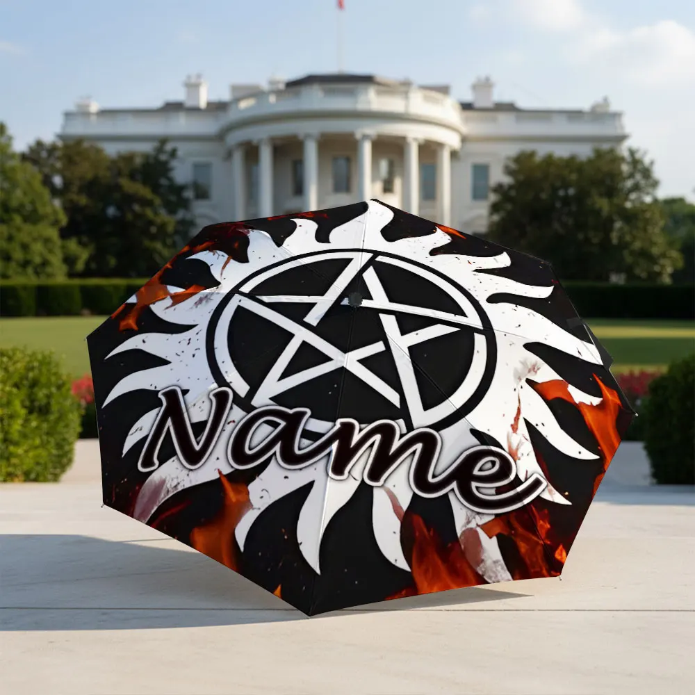 Custom Name Umbrella Pentagram Sun Dark Totem Symbol Fire Background Print Folding Umbrella Compact Portable Travel Parasol