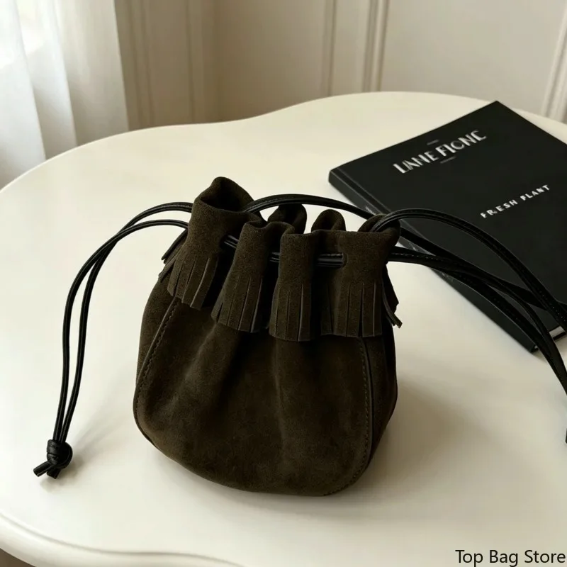 Vintage Everyday Small Bucket Bag for Women Top Grain Leather Drawstring Closure Tassel Shoulder Bag Luxury Handbag Portable
