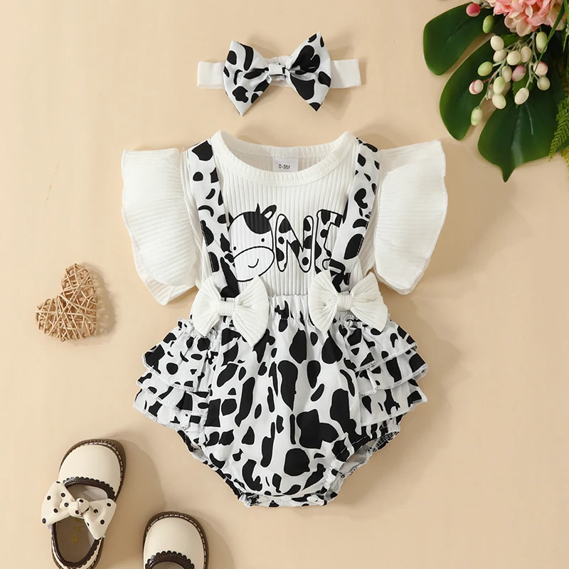 3 pieces set New Summer Baby T-shirt Strap Shorts Cow Bow Printed Strap Pants Set+Headband Soft Sweet Cute girl bow dress Set