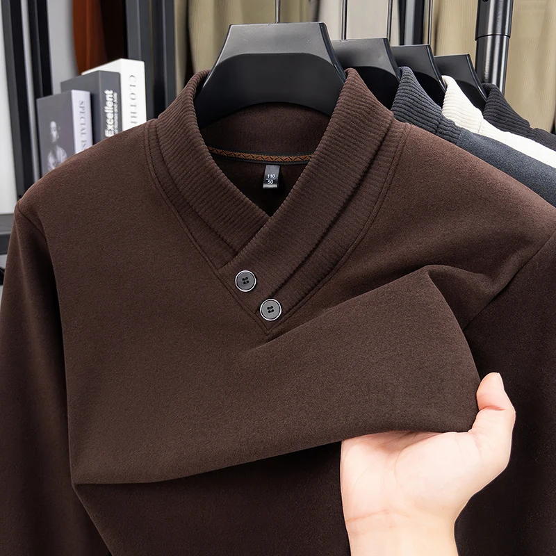 Light Luxury Man Long Sleeves Knitwear Scarf Collar Velvet Fleece Skin-Friendly KoreanStyle Winter Pullover Fashion Leisure Tops