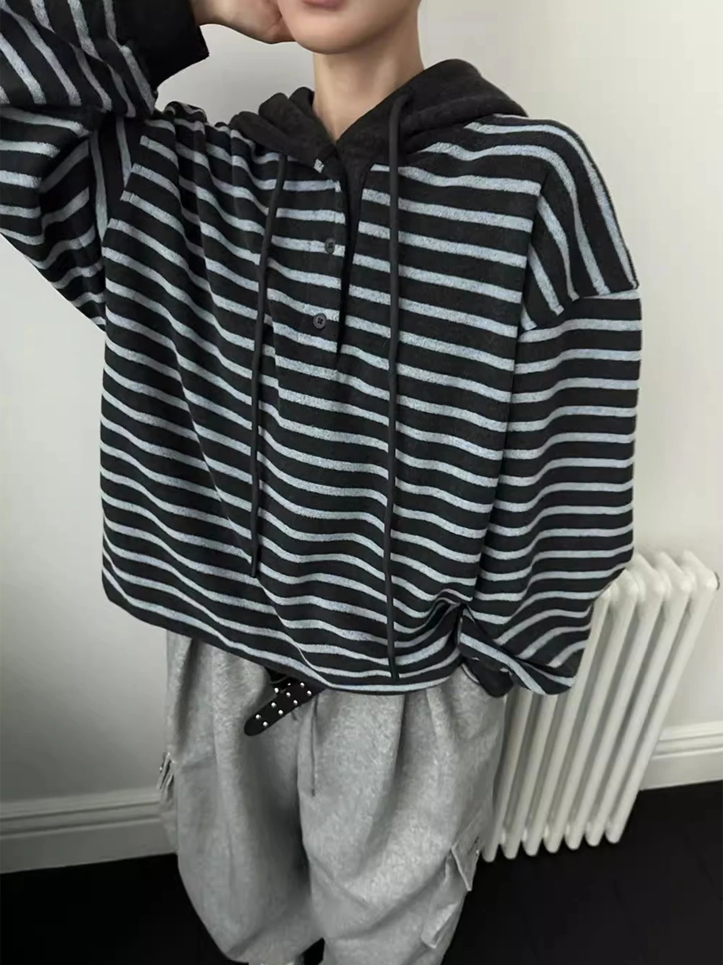 Laid-ba 슬레 컬러 블로 스트라이프 후디 여성용 루즈 따뜻한 면 재킷 끈 달린 겨울 신상 스트리트 패션