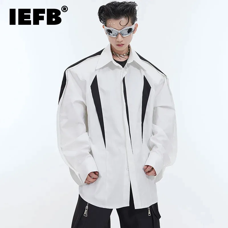 

Мужская рубашка с лацканами IEFB, плиссированная рубашка контрастных цветов в стиле пэчворк, дизайнерские мужские рубашки с наплечниками, Новинка осени 2024 9C4714