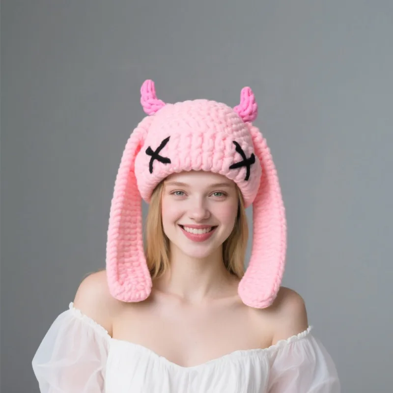 

Purely Handmade Cute Little Devil Horn Hood Big Rabbit Ears Warm Knitted Hat Neutral Sweet Cool Wind Autumn and Winter