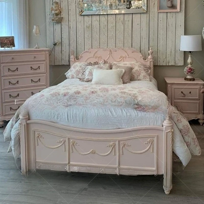 Französisches Retro-Bett aus massivem Holz mit Schnitzereien, europäischer Retro-Stil, Prinzessinnenbett, Hauptschlafzimmer, Doppelbett, Kinder-Nachttisch