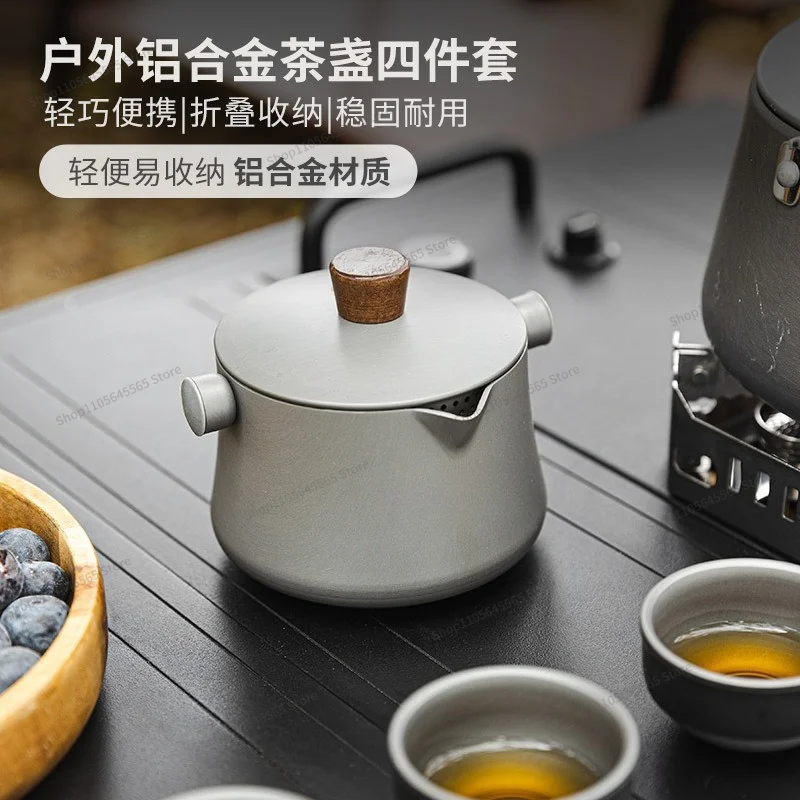 For Outdoor camping portable tea set with one pot and three cups of aluminum alloy ultra light tea set