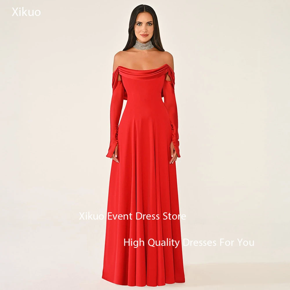 فساتين سهرة Xikuo رشيقة من الساتان الأحمر على شكل حرف A قبالة الكتف رداء كوكتيل نسائي بأكمام طويلة فساتين حفلات مطوية حسب الطلب