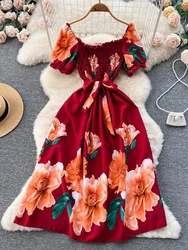 YuooMuoo Limited Big Sales Women Dress Vintage Print Flowers Sash Bandage Long Summer Dress Elegant Y2K Korean Party Vestido