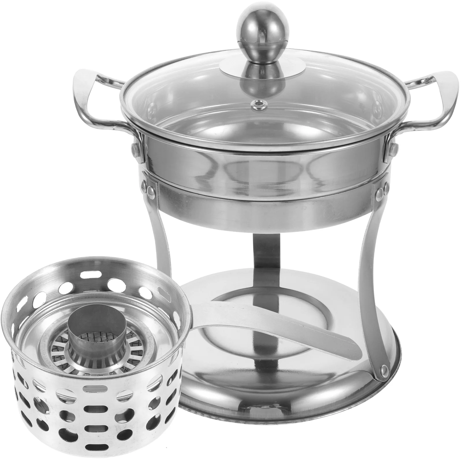

Stainless Steel Hot Pot with Stove Glass Alcohol Burner Cookware Reusable Rust Proof Easy Clean Camping Hiking