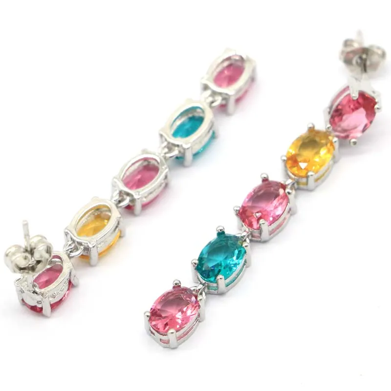 43x5mm Multi Color Created Golden Citrine Pink Tourmaline Aquamarine Women Wedding Silver Plated Earrings