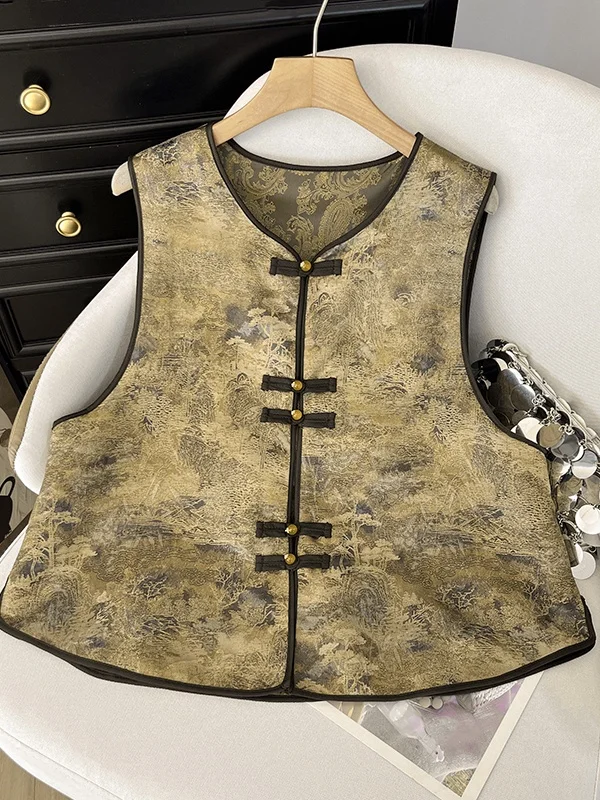 

Retro Chinese Sle Satin Embroidered Svel round Ne Vest Women's Outerwear Versatile Double-sided Wear Spring Season