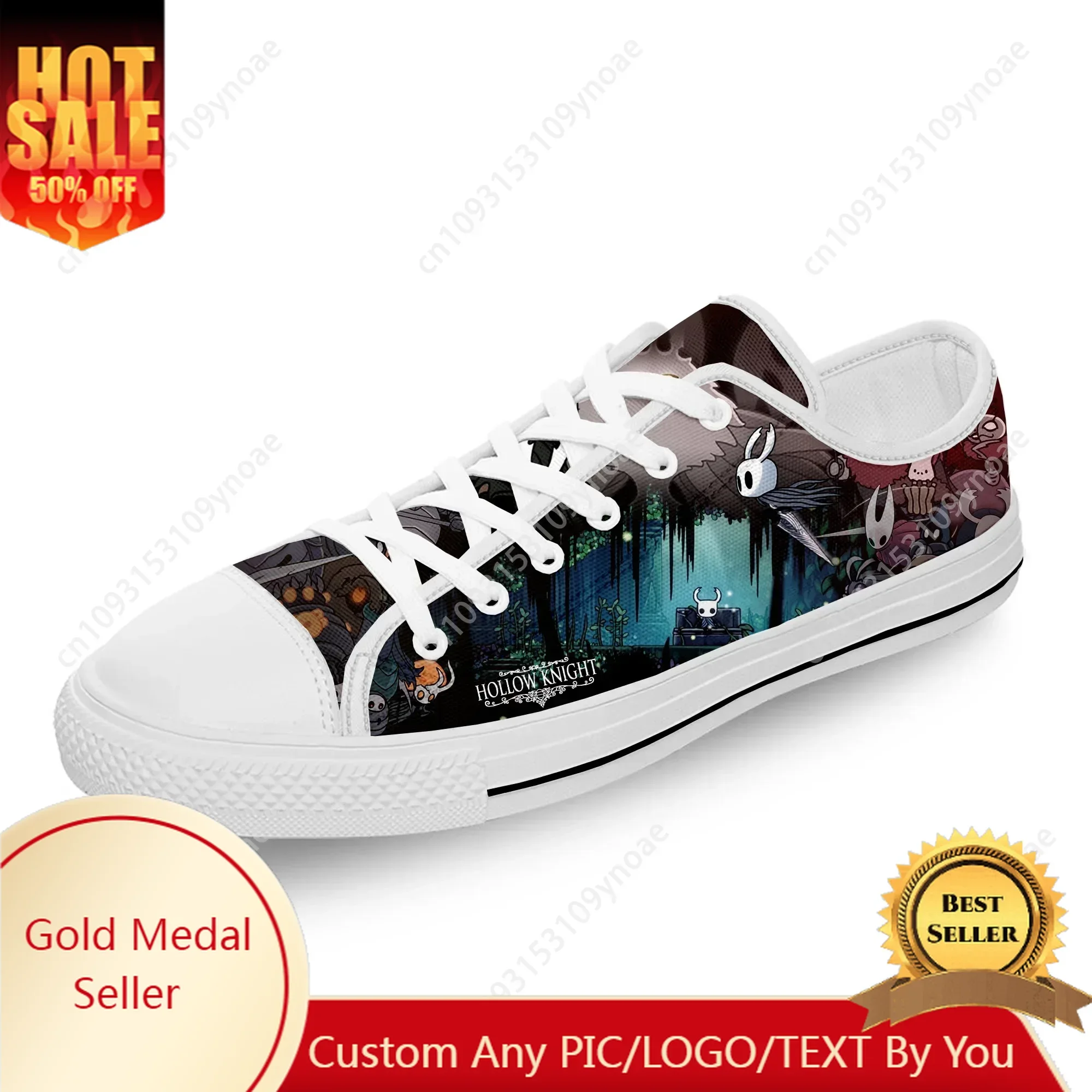 Juego de dibujos animados Ghost Hollow Knight tela blanca moda estampado 3D zapatos de lona bajos hombres mujeres zapatillas ligeras transpirables