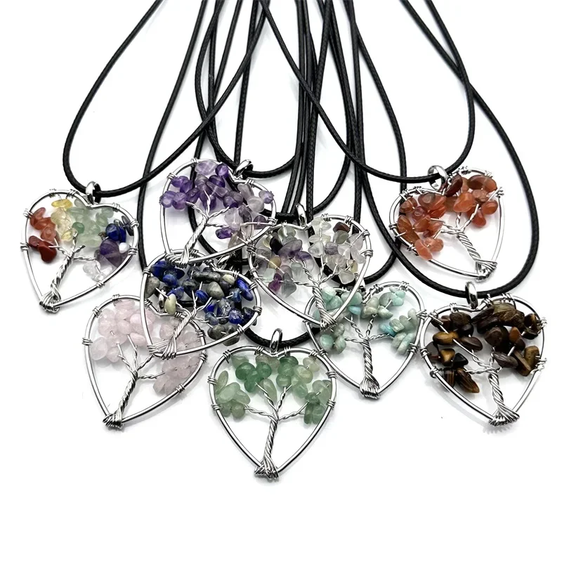 5 Pieces /lot Chip Stone Tree of Life 30mm Heart Pendant Fluorite Rose Quartz 7 Chakra Charms Free Rope Chain Necklace Jewelry