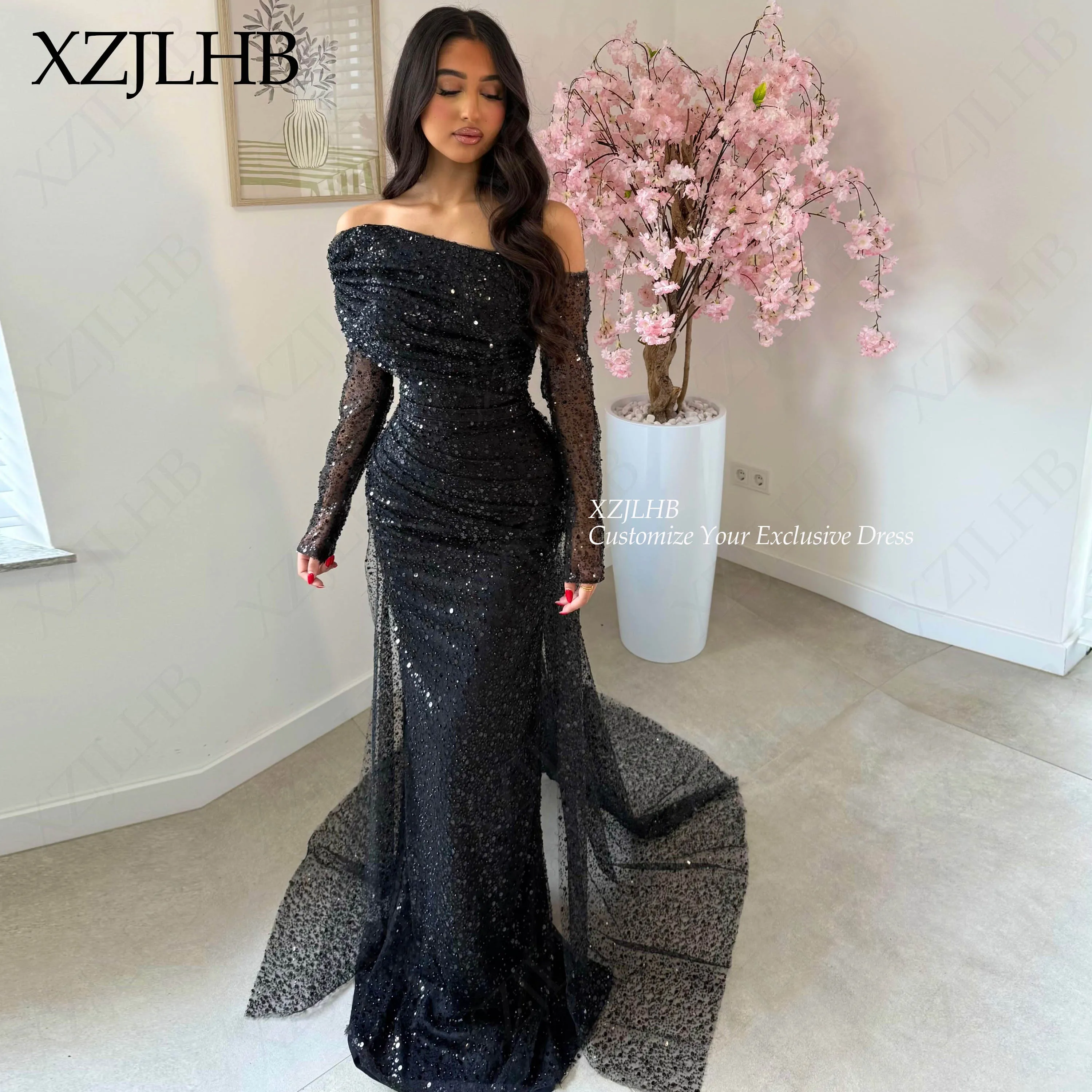 XZJLHB Sequined Personalized Evening Dresses 2026 Mermaid Regular Sleeve فساتين سهرة Beading Off The Shoulder Corset Prom Gowns