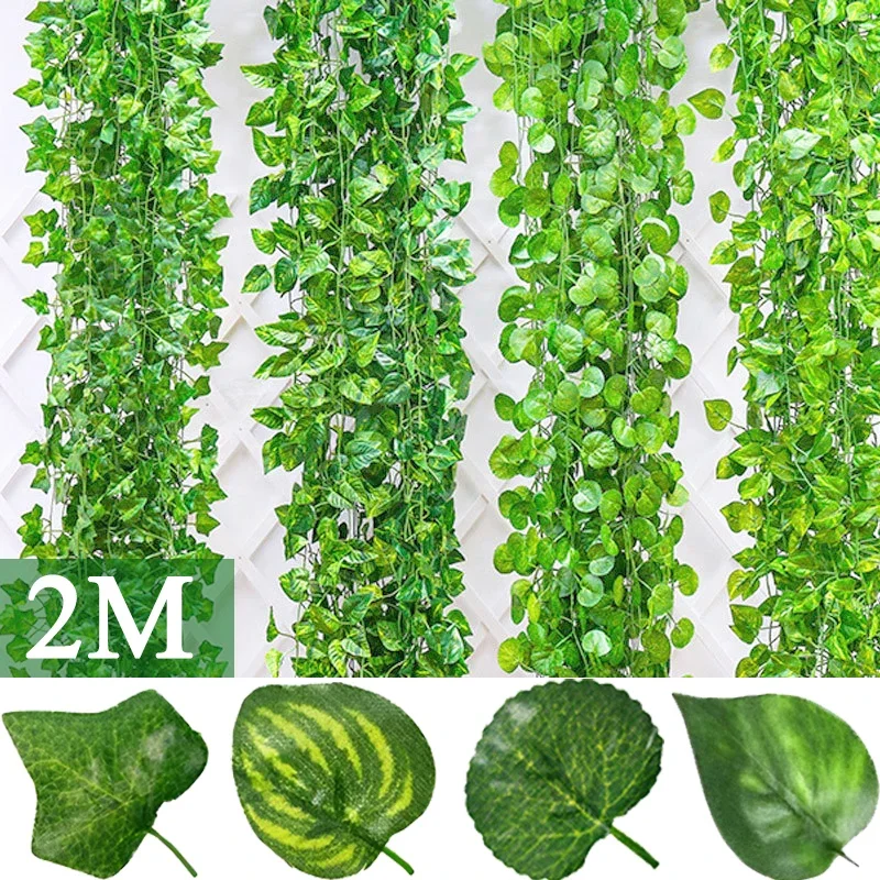 2M Artificial Plants Rattan Creeper Green Ivy Leaf Hanging Vine DIY Garland Foliage Fake Wreath Leaves Home Garden Wedding Decor