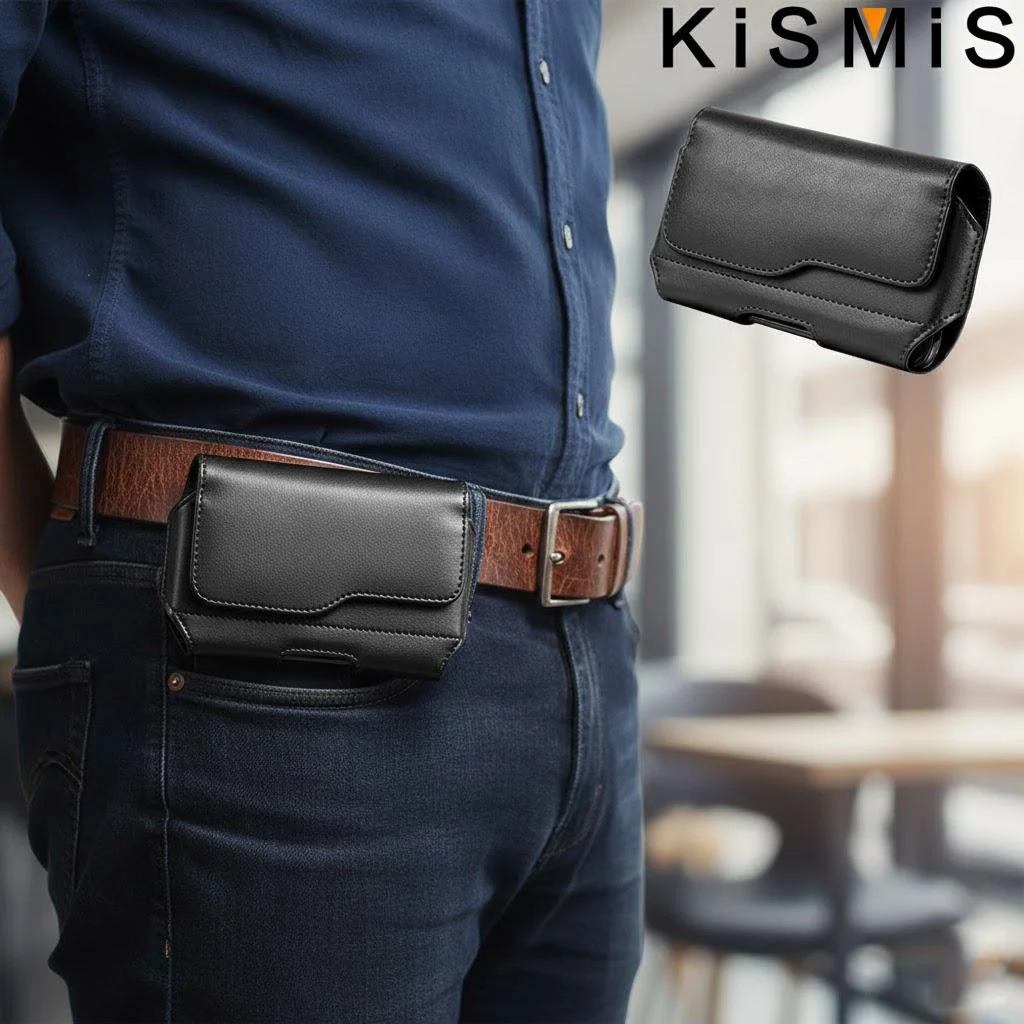 KISMIS Modische Handy-Gürteltasche aus Leder mit Gürtelclip und Ring-Handyhalter für Reisen und Wandern