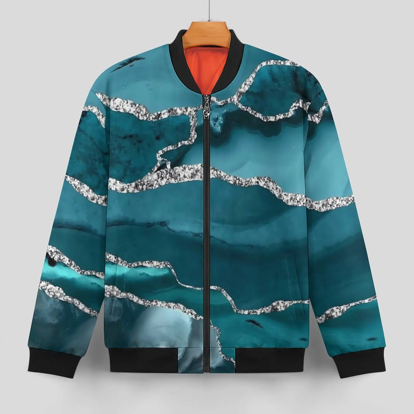 Turquoise Faux Marble Textures Jackets Men  Autumn Coats Vintage With Pockets Casual Windbreakers Custom Loose Jacket Big Size