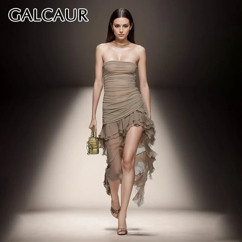 

GALCAUR Patchwork Folds Irregular Hem Dresses For Women Strapless Sleeveless High Waist Minimalist Temperament Slim Dress Female