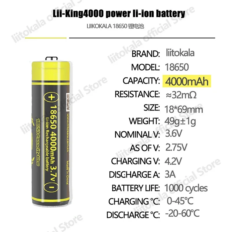 LiitoKala 18650 4000mAh Rechargeable Battery High Capacity 3.7V Li-ion Battery for Flashlight Headlamp Battery with PCB