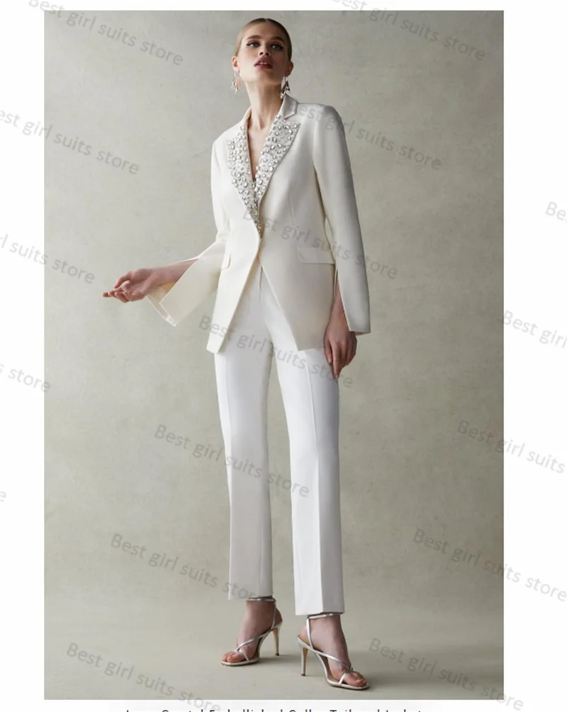 Perle bianco vestito da donna Set 2 pezzi Blazer + pantaloni smoking da sposa per gli ospiti evento formale giacca da donna da ufficio cappotto su misura