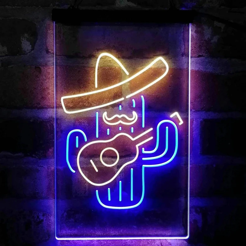 

Custom Neon Sign Cactus Wearing Sombrero Playing Guitar Dual Color LED Light Home Room Party Wall Art Decor Personalized Gifts