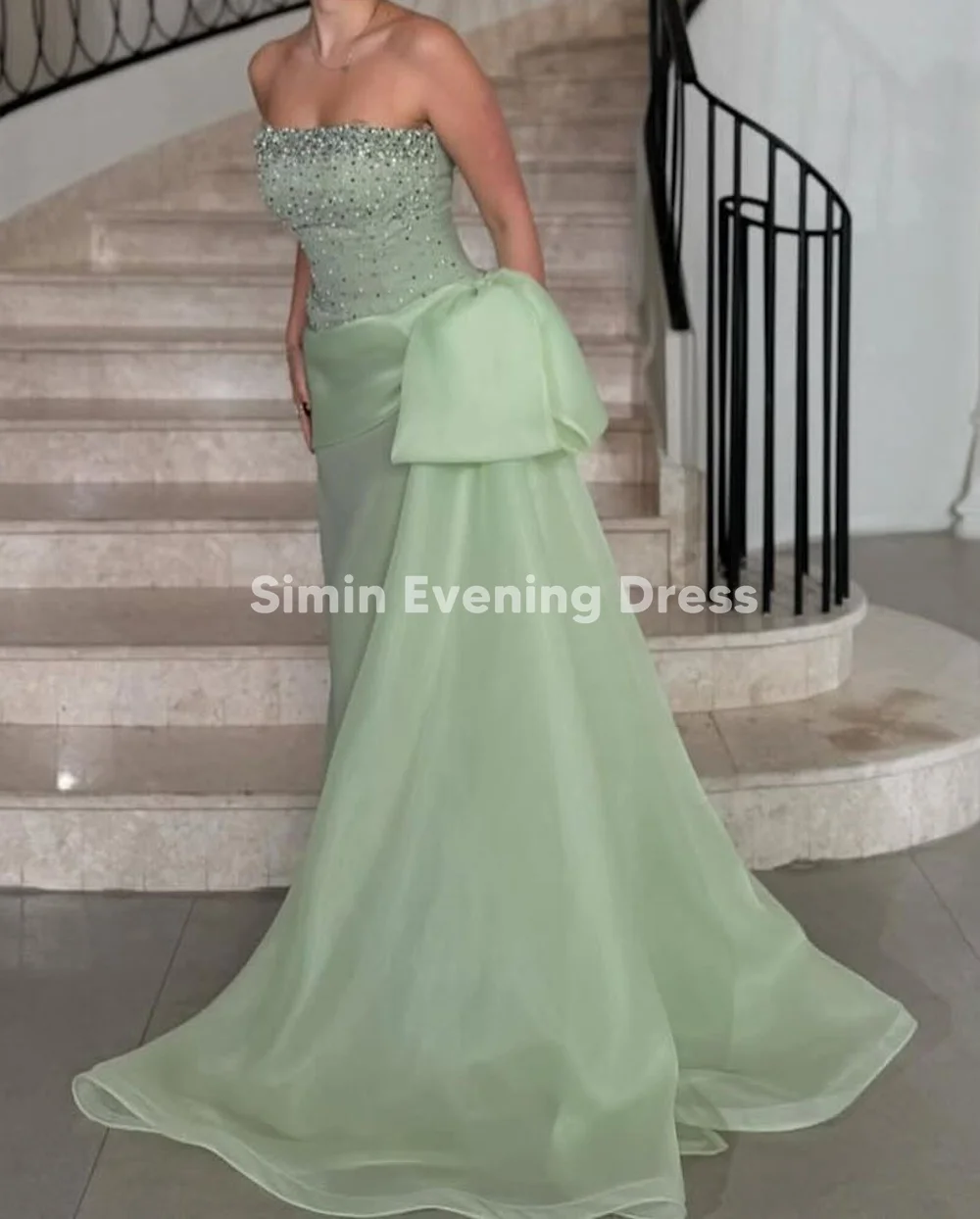 فساتين سهرة نسائية من Simin بدون حمالات مطرزة بطول الأرض بدون أكمام مع فيونكة من الأورجانزا وشاحات أنيقة للحفلات 2025