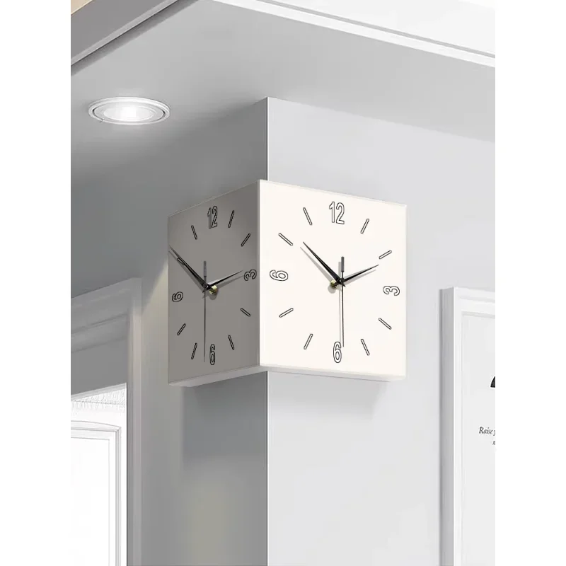 

Modern and minimalist living room, double sided corner clock, cream style, perforated free home creative clock, wall lamp