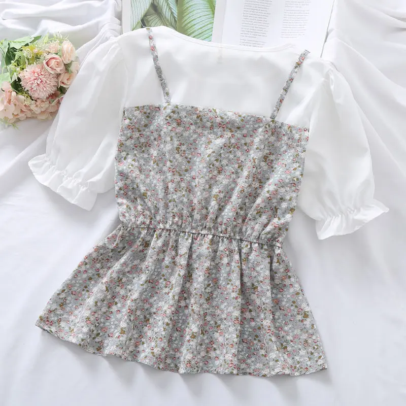 

Blouse Women All-match Puff Sleeve Design Print Cozy Fake Two Pieces Popular Slim Sweet Girls Mujer Daily Summer Newest Vintage