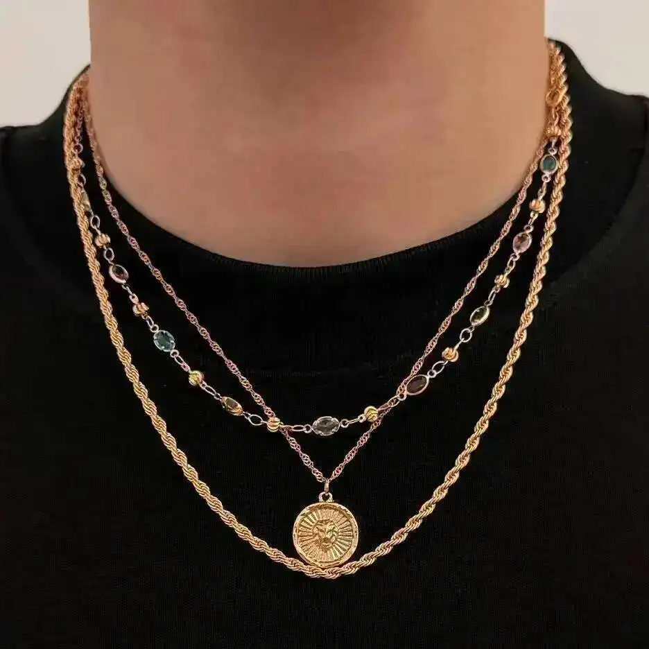 IngeSight.Z 3Pcs/Set Classic Gold Color Coin Pendant Necklace Men Fashion Crystal Chain Choker Daily Party Jewelry Accessories