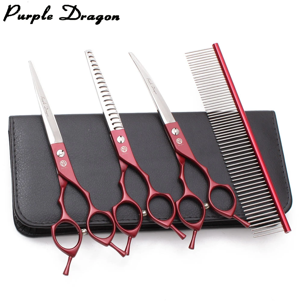 Dog Grooming Scissors Purple Dragon Japan 440C Red Pet Scissors Thinning Scissors Chunker Blender Scissors Curved Shears Z3009