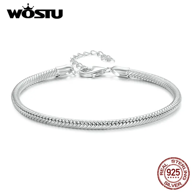 WOSTU Real 925 Sterling Silver European Simple Snake Bangle Braelets With Lobster Clasp Women Wedding Fine Jewelry Gift For Mom