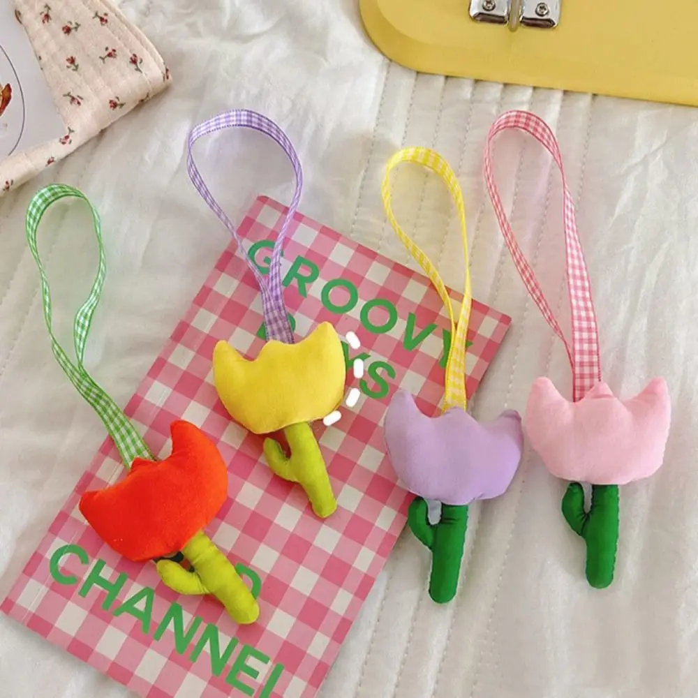 Fashion Korean Style Flower Keychain Plush Stuffed Cute Tulip Plush Keyring Soft Mini Tartan Tulip Pendant Bag Pendant