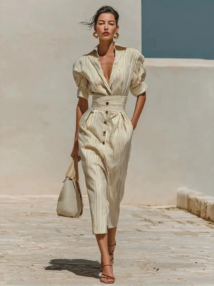 

Cross-Border Women's V-Neck One-Piece Suit Commuter Style Belted Jumpsuit High Waist Short Pants Polyester Fabric