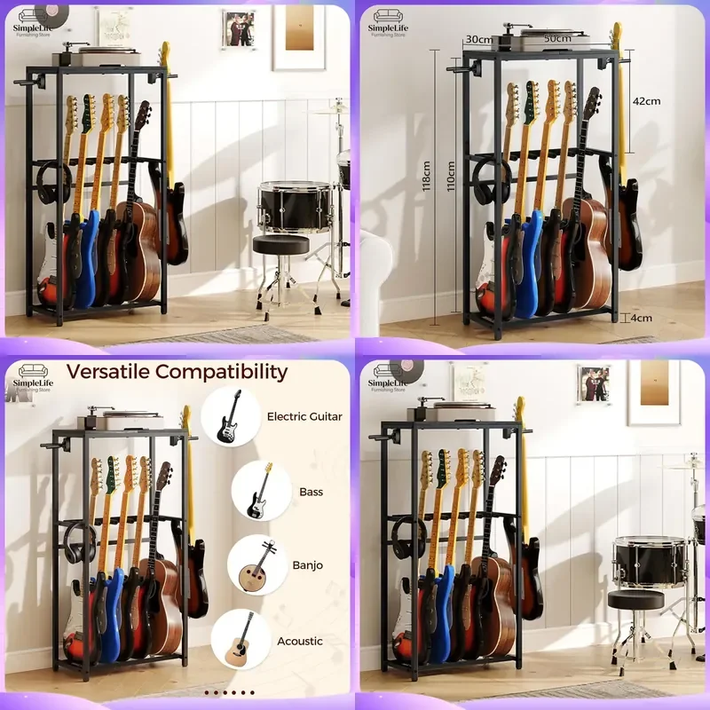 Heavy Duty Wrought Iron Piano Stand Multi Functional Music Instrument Rack Display Shelf for Guitar Bass Keyboard with Hook