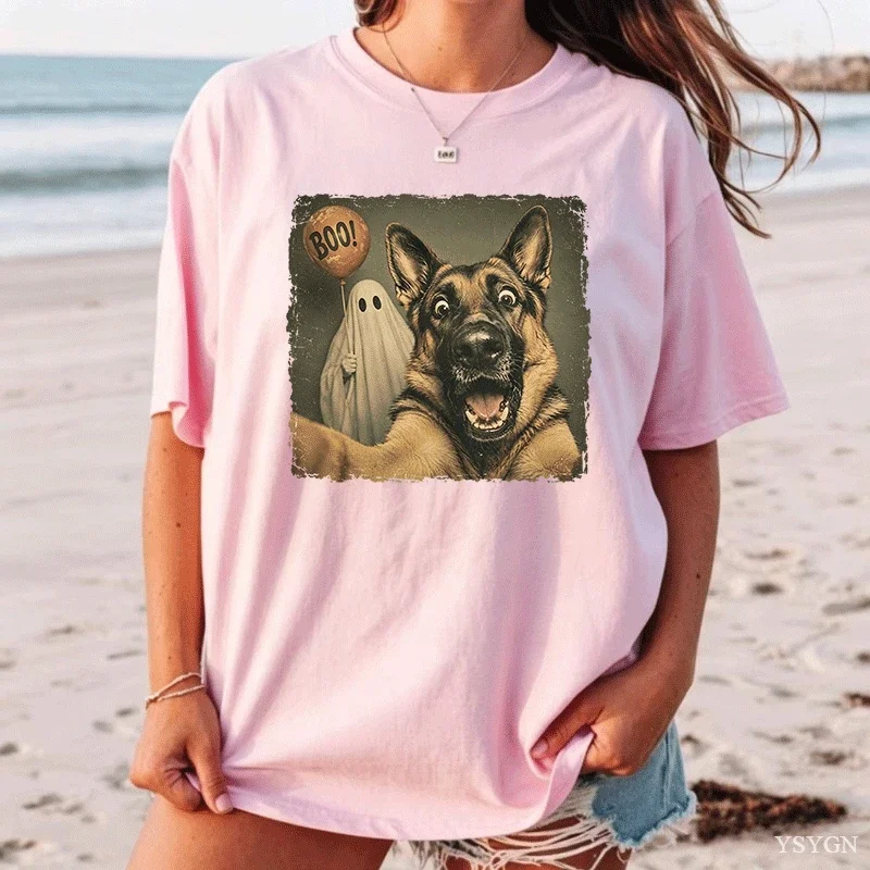German Shepherd Halloween Ghost Selfie Boo Dog Meme Graphic T-Shirt Y2k Spooky Season Dog Selfie Graphic Apparel for Women Men