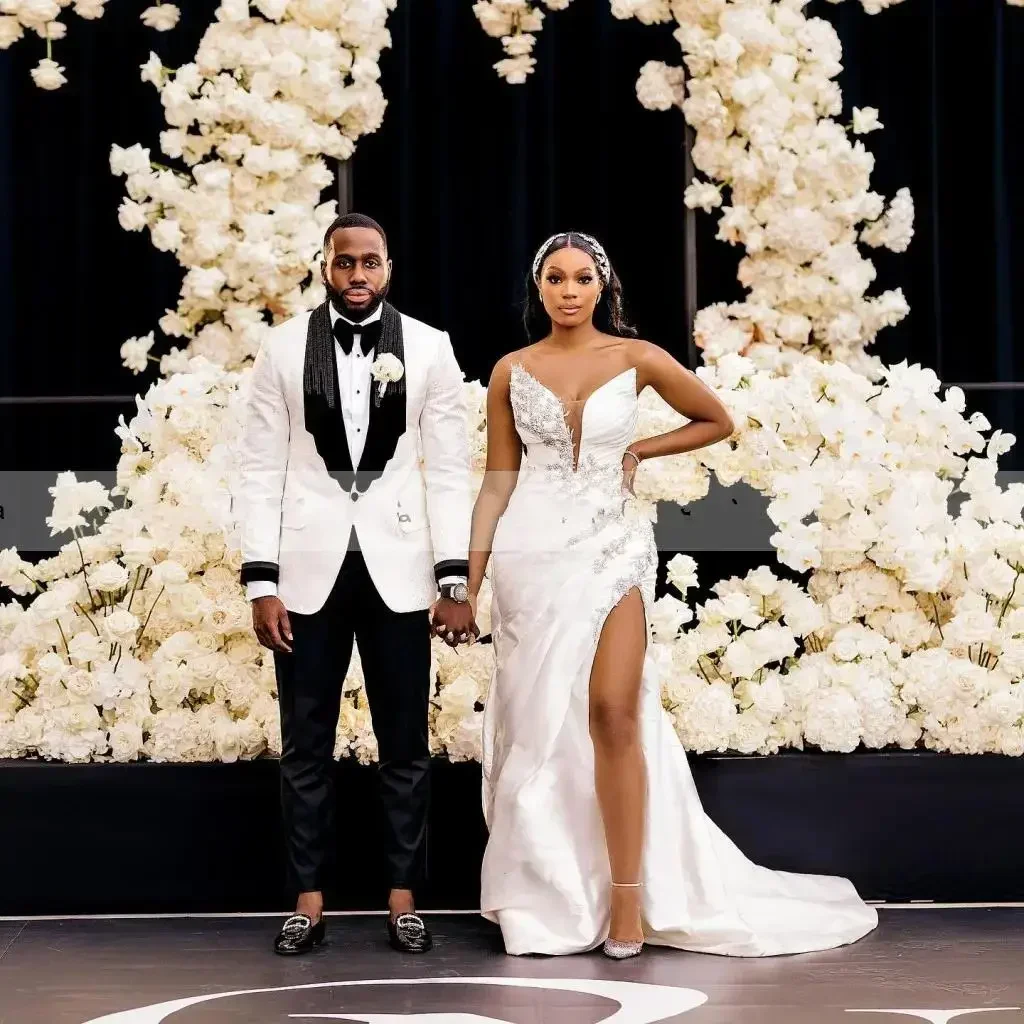 

Customized Sweetheart Crystals Beads Mermaid Wedding Dresses Sweep Train Satin Split Side Vestido De Casament Bridal Gowns