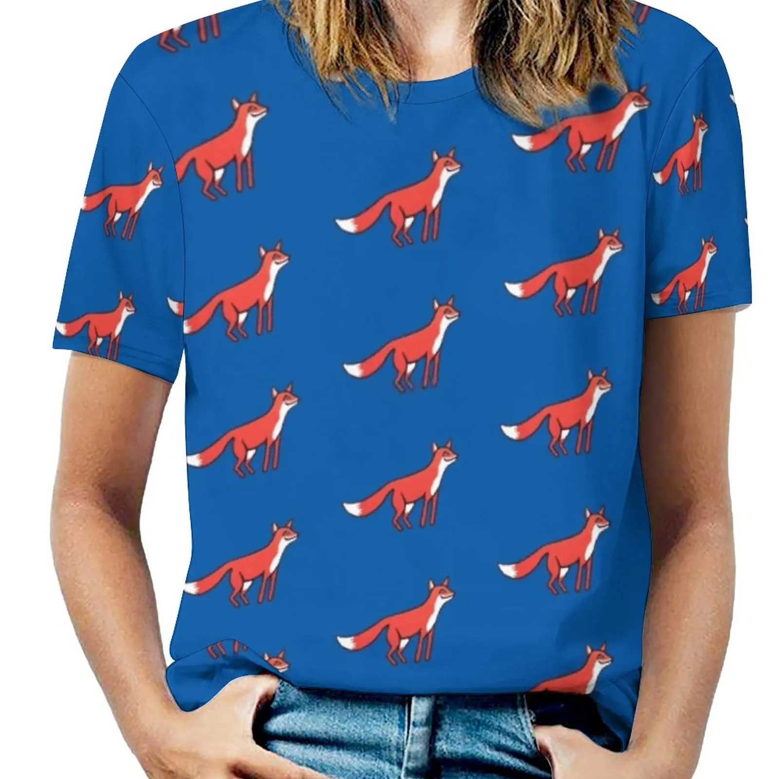 Stargazing-Fox In The Night-Original Linocut By Francesca Women T-Shirt Crewneck Casual Short Sleeve Tops Summer Tees Fox Night