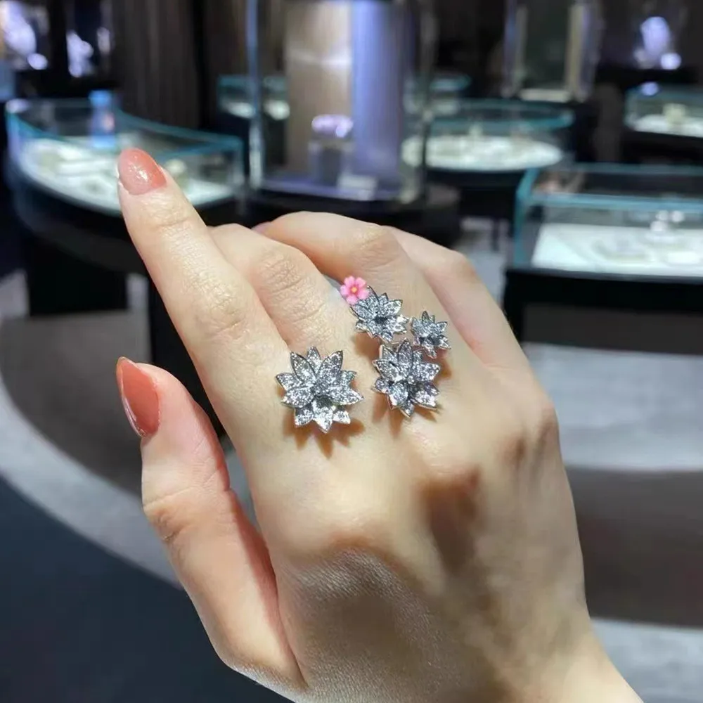 

Sparkling All Diamonds Flowers Open Rings for Women Unique Designed Finger Bands Sterling Silver Party Trendy Ins Accessory Gift