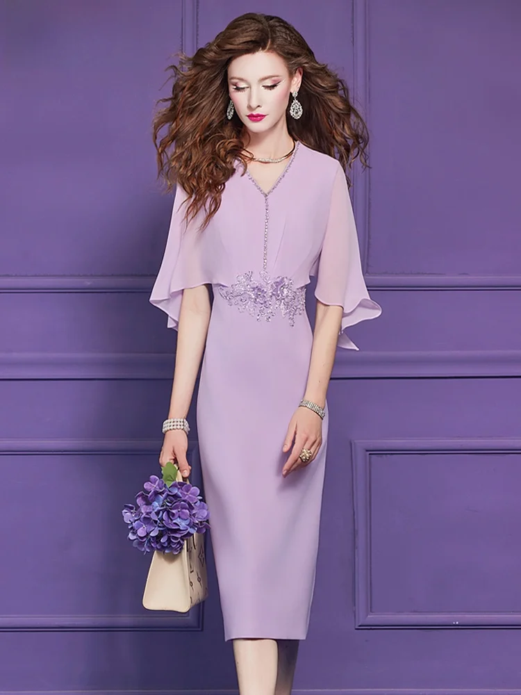 Elegant Purple Sequin Short Sleeve Women's Dress High Waist Slim Fit City Commute V-neck Back Zipper H-shaped One-step Skirt